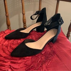 Black Suade-like dress pumps, 2 inch square Heel, Ankle Strap, Pointed Toe